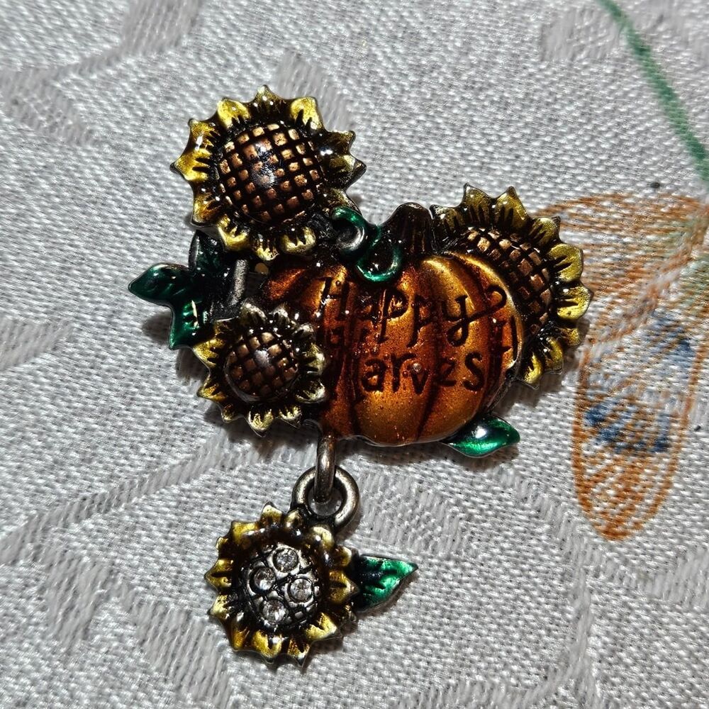 vintage fall autumn Happy Harvest pumpkin sunflower dangling brooch
